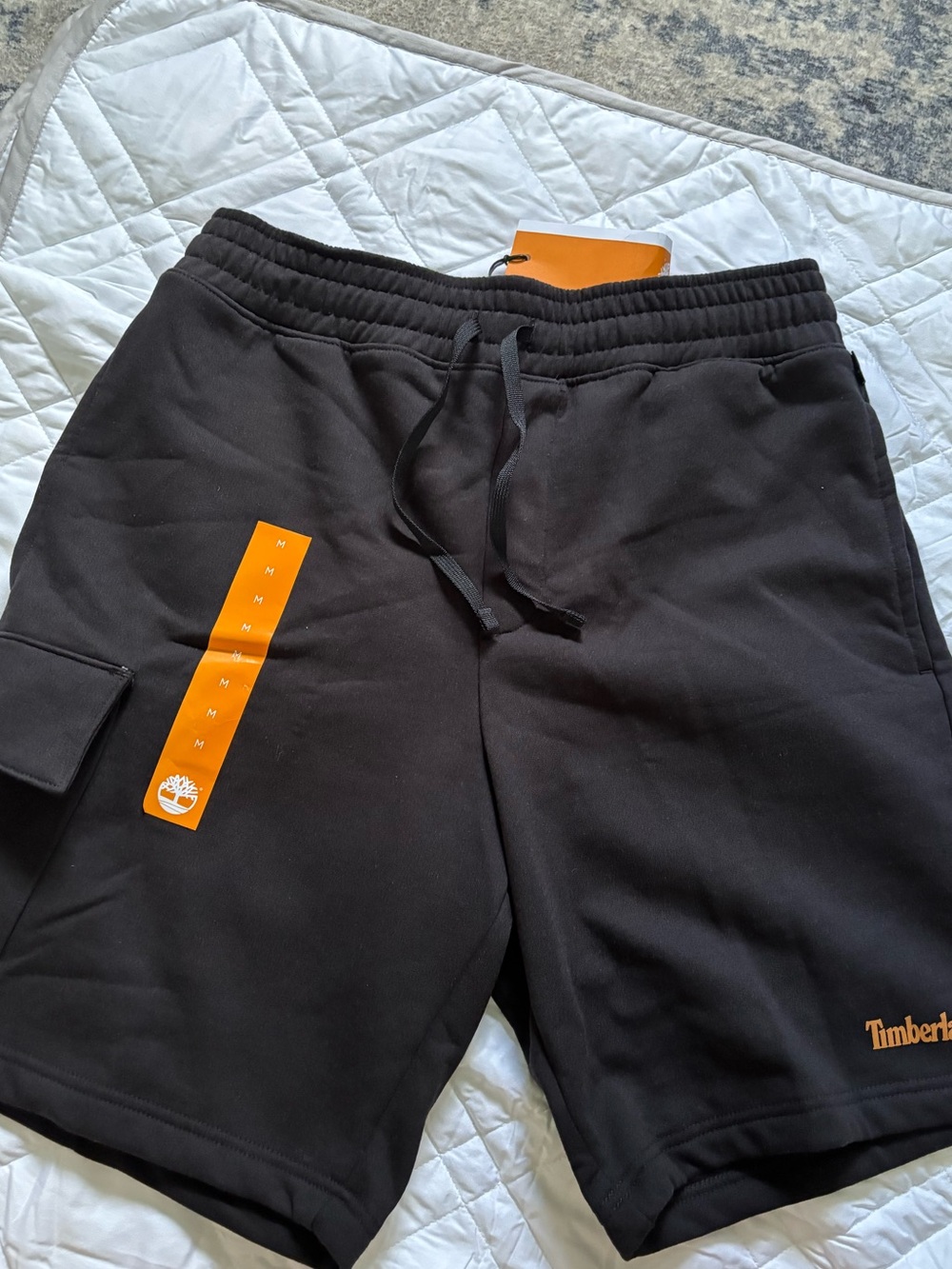 Timberland Black Cargo Drawstring Shorts with Orange Logo Accents